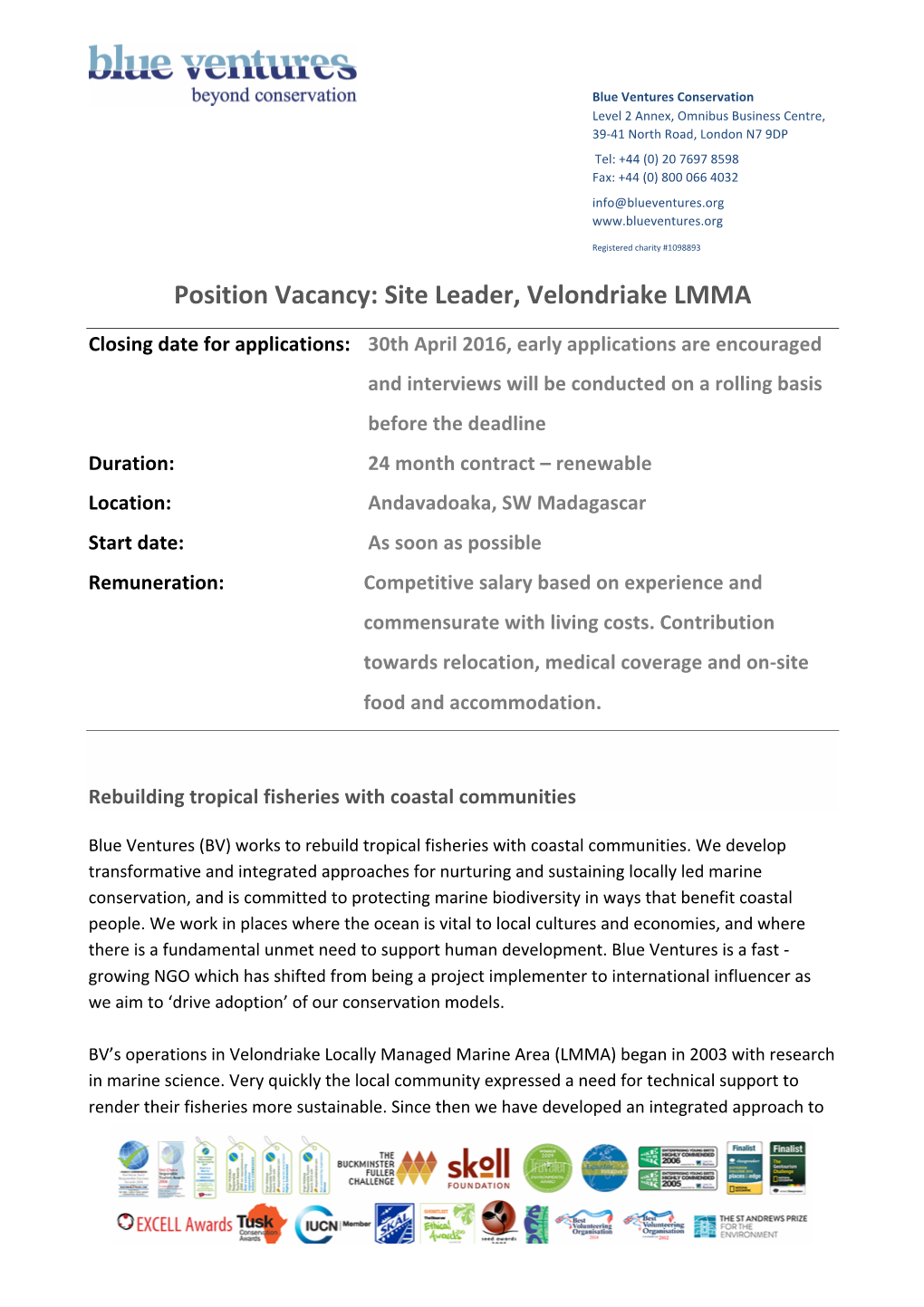 Position Vacancy: Site Leader, Velondriake LMMA