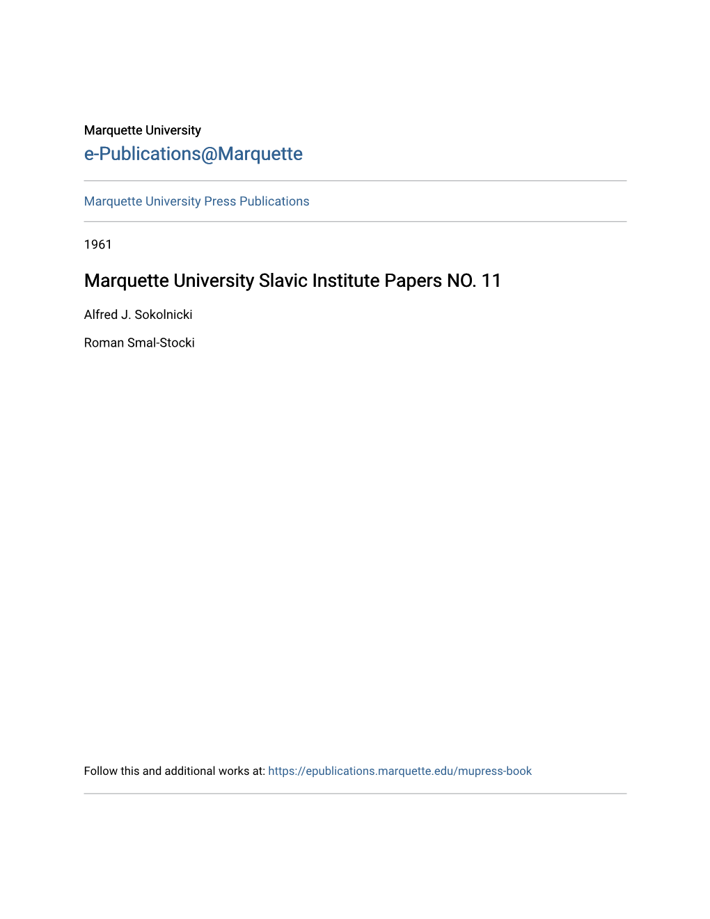 Marquette University Slavic Institute Papers NO. 11