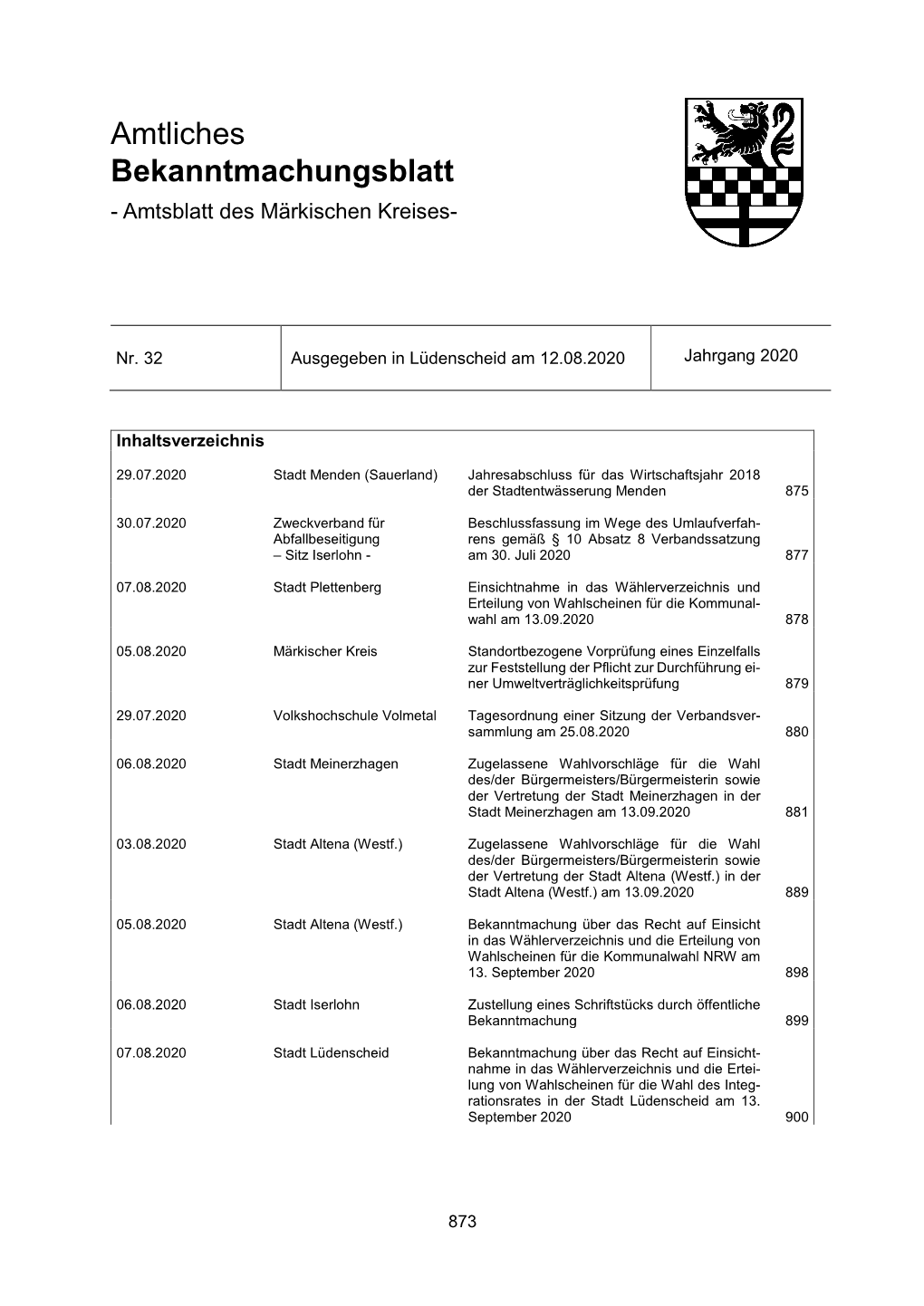 Amtliches Bekanntmachungsblatt - Amtsblatt Des Märkischen Kreises