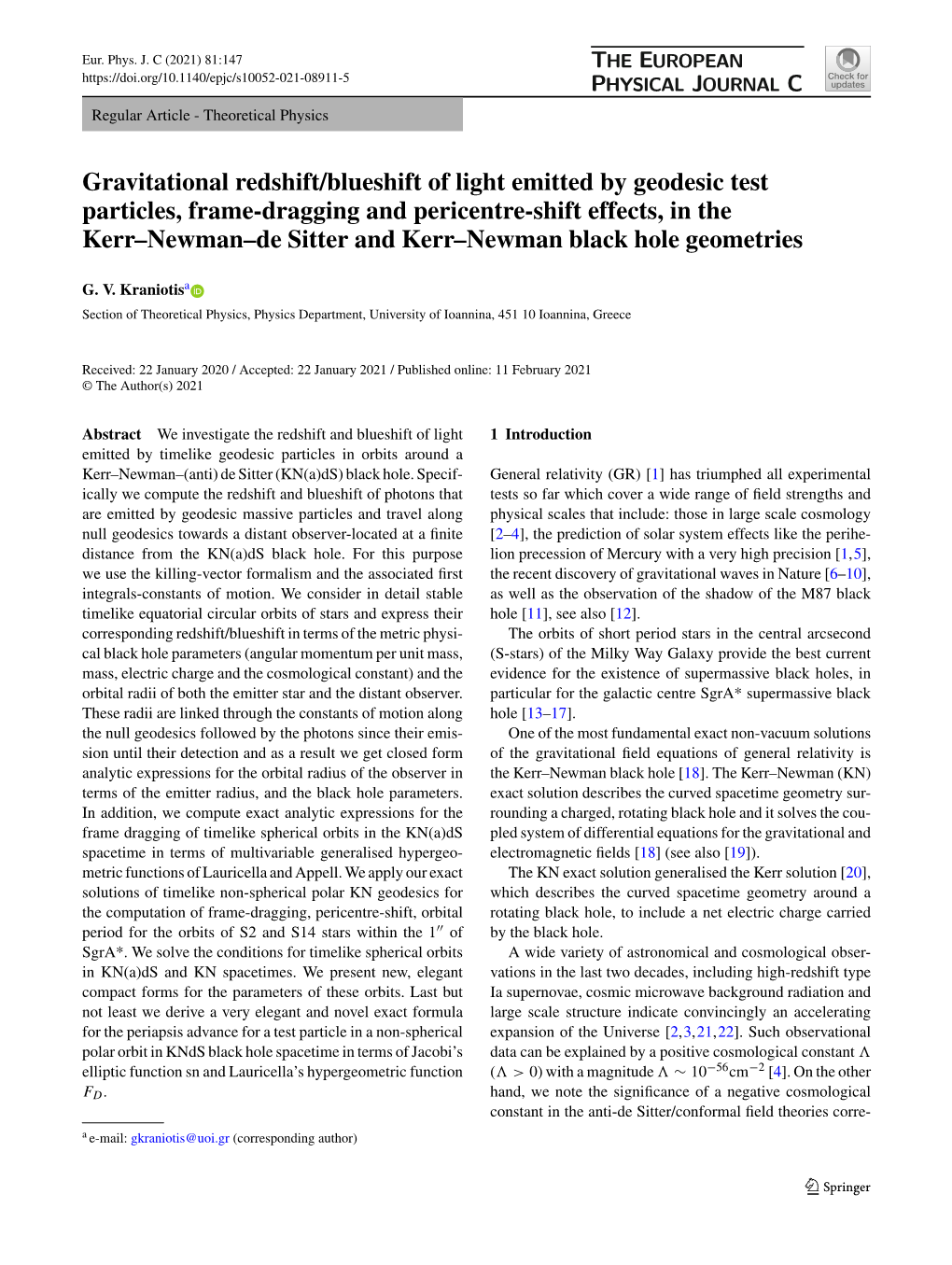 Gravitational Redshift/Blueshift of Light Emitted by Geodesic