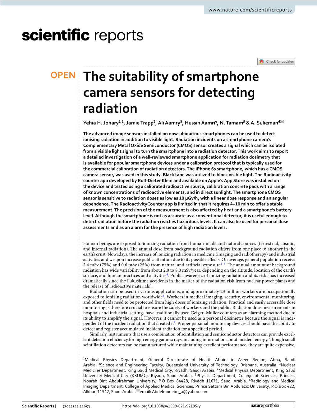 The Suitability of Smartphone Camera Sensors for Detecting Radiation Yehia H