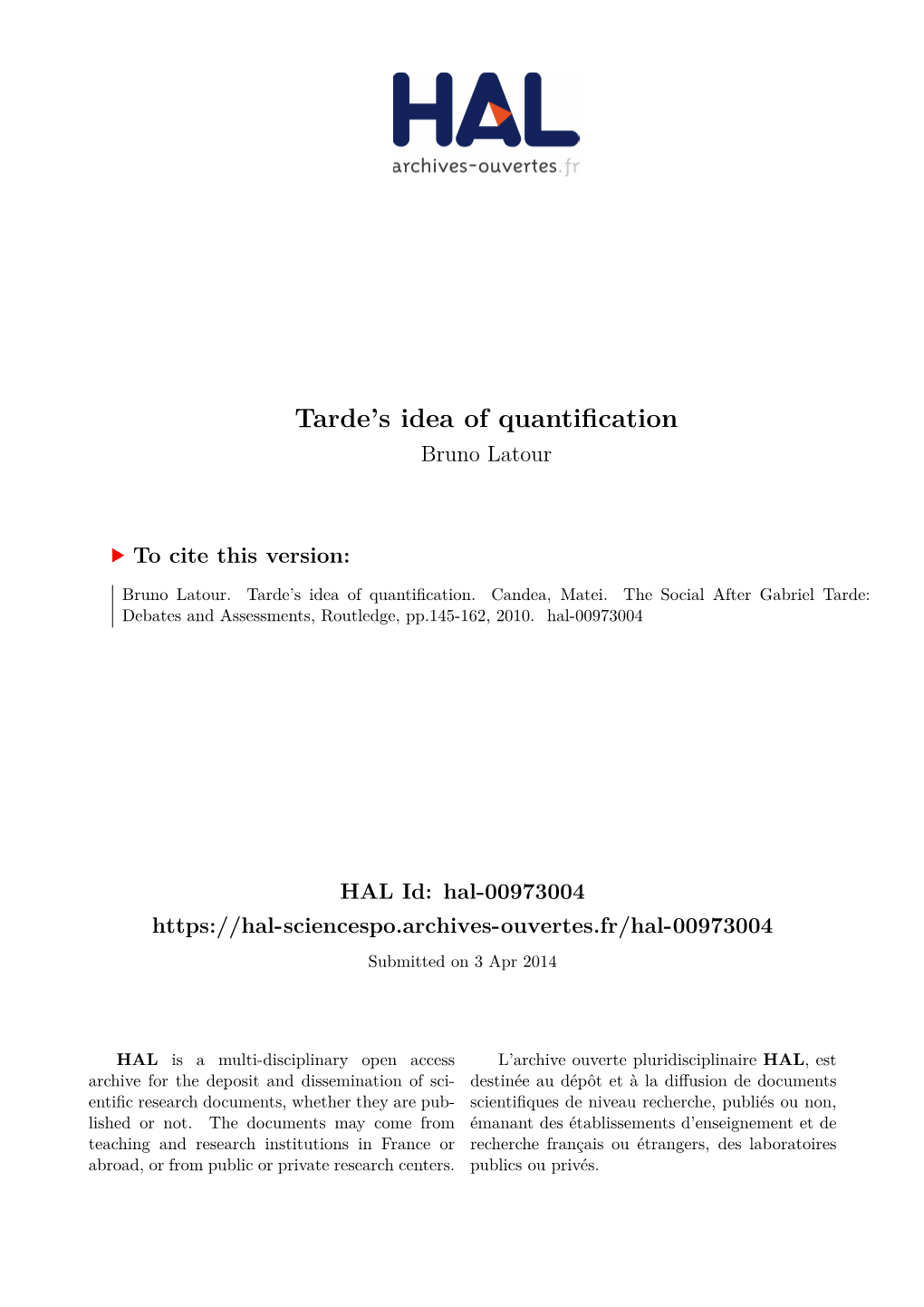 Tarde's Idea of Quantification