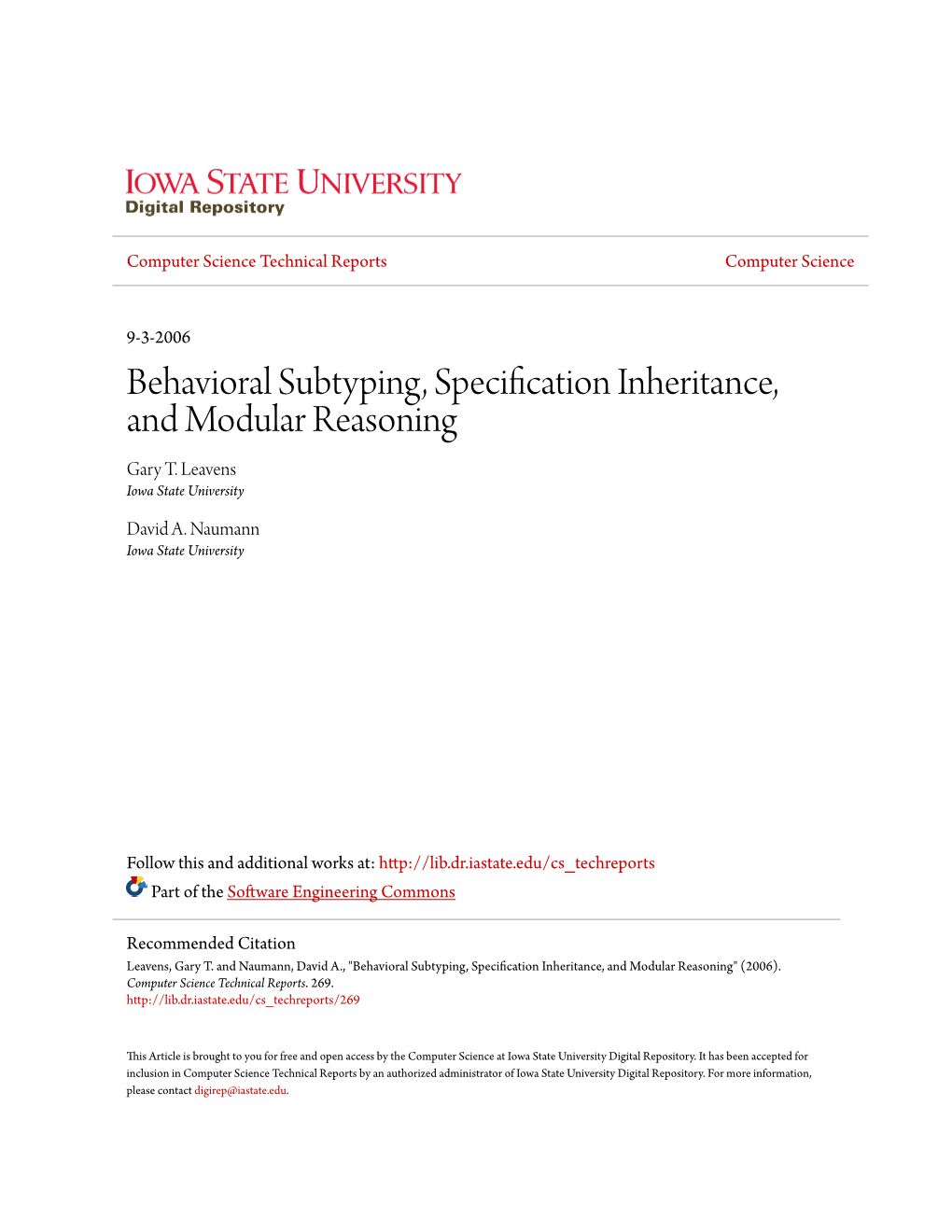 Behavioral Subtyping, Specification Inheritance, and Modular Reasoning Gary T