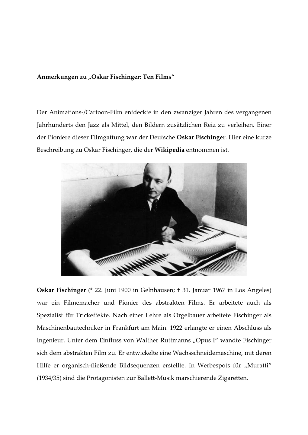 Dokumentation Oskar Fischinger, Pionier Des Cartoon