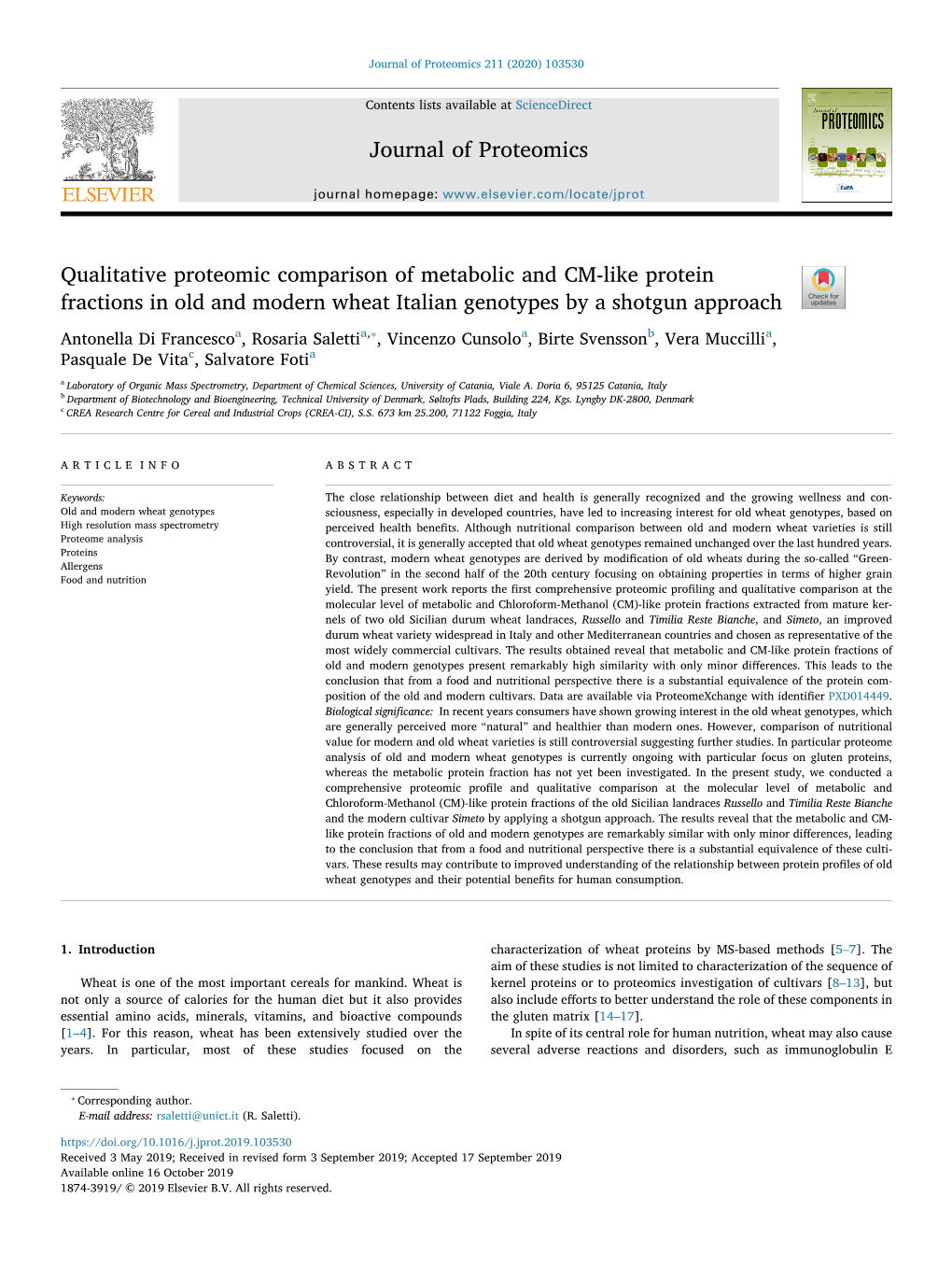 Journal of Proteomics 211 (2020) 103530