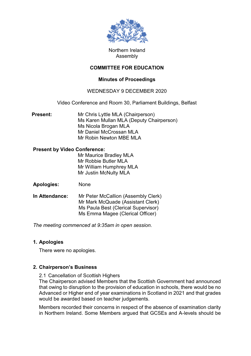 Committee for Education Meeting Minutes of Proceedings 9