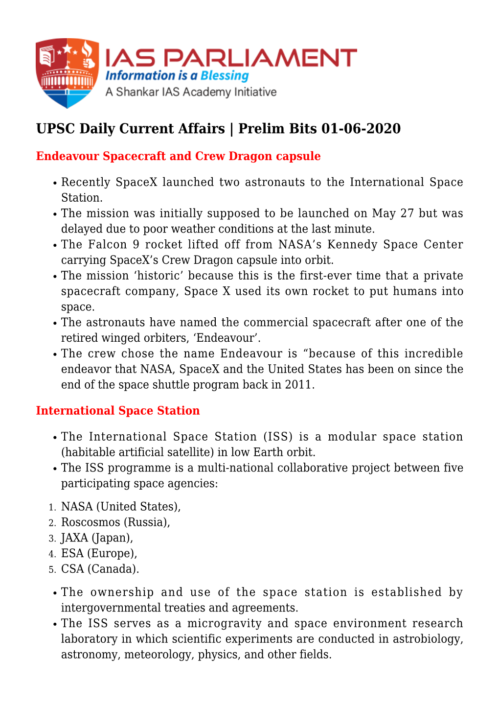 UPSC Daily Current Affairs | Prelim Bits 01-06-2020