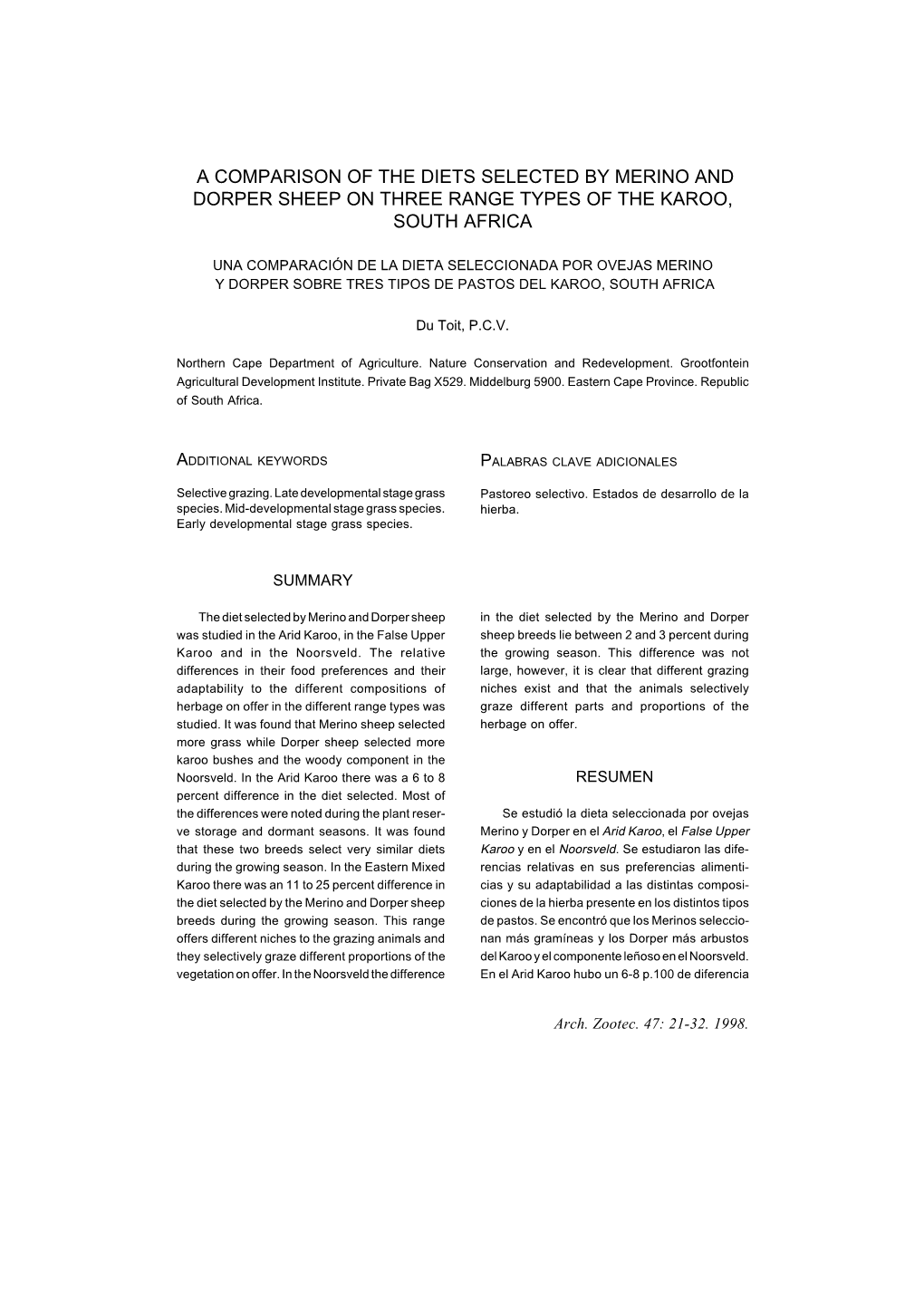 A Comparison of the Diets Selected by Merino and Dorper Sheep on Three Range Types of the Karoo, South Africa