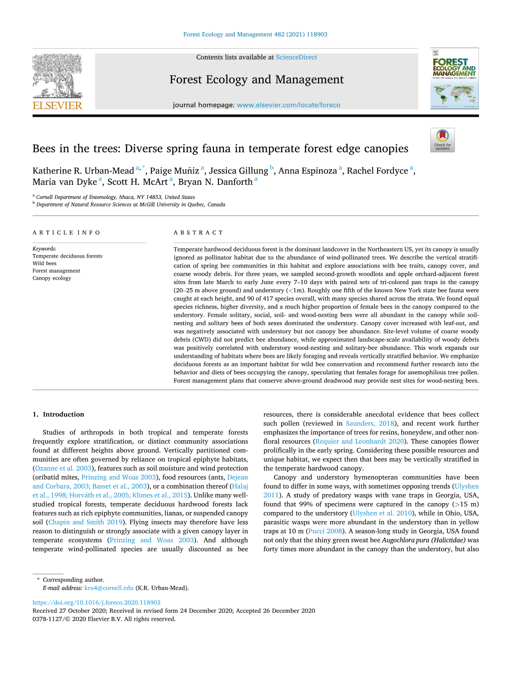 Bees in the Trees: Diverse Spring Fauna in Temperate Forest Edge Canopies