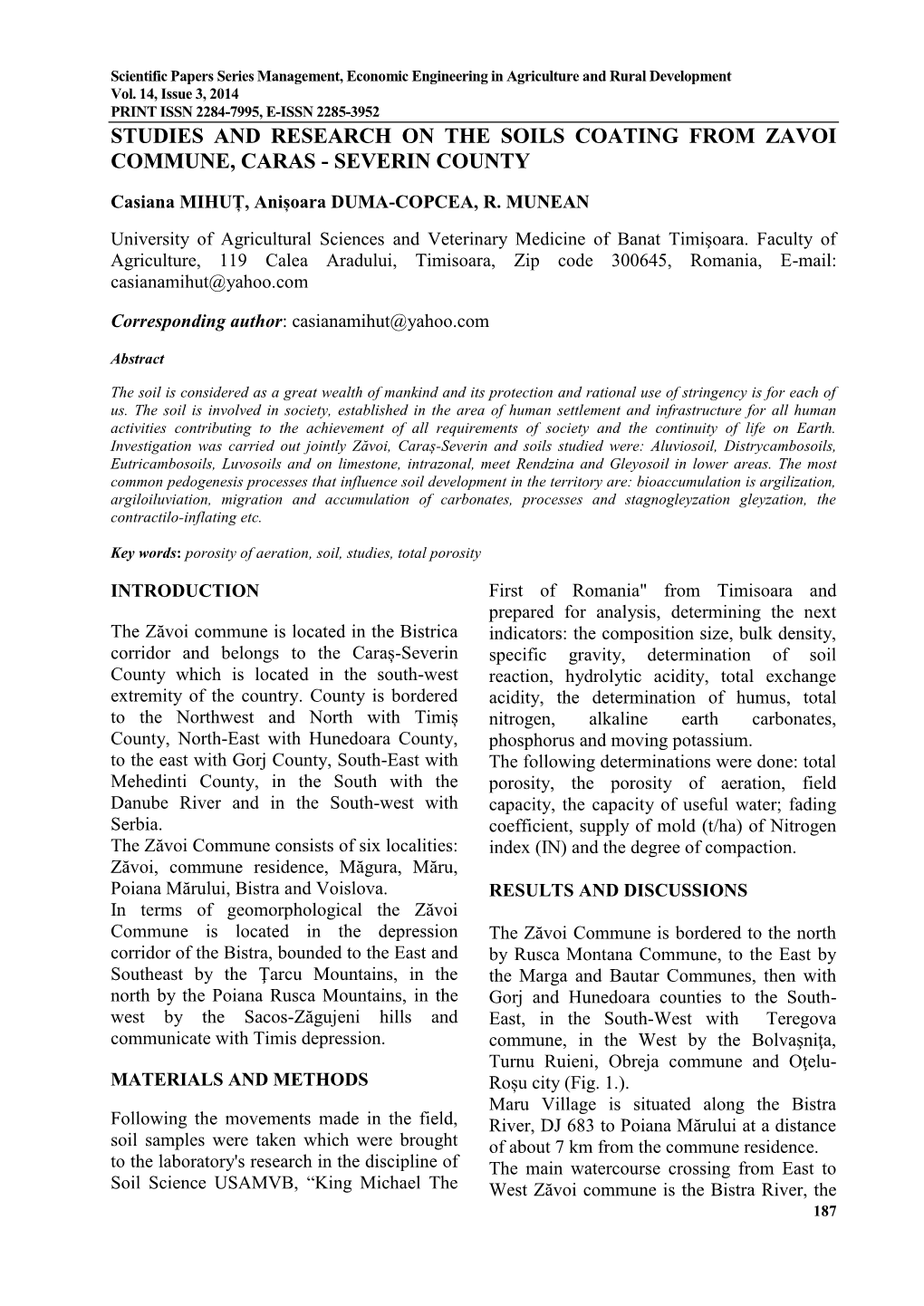 Studies and Research on the Soils Coating from Zavoi Commune, Caras - Severin County