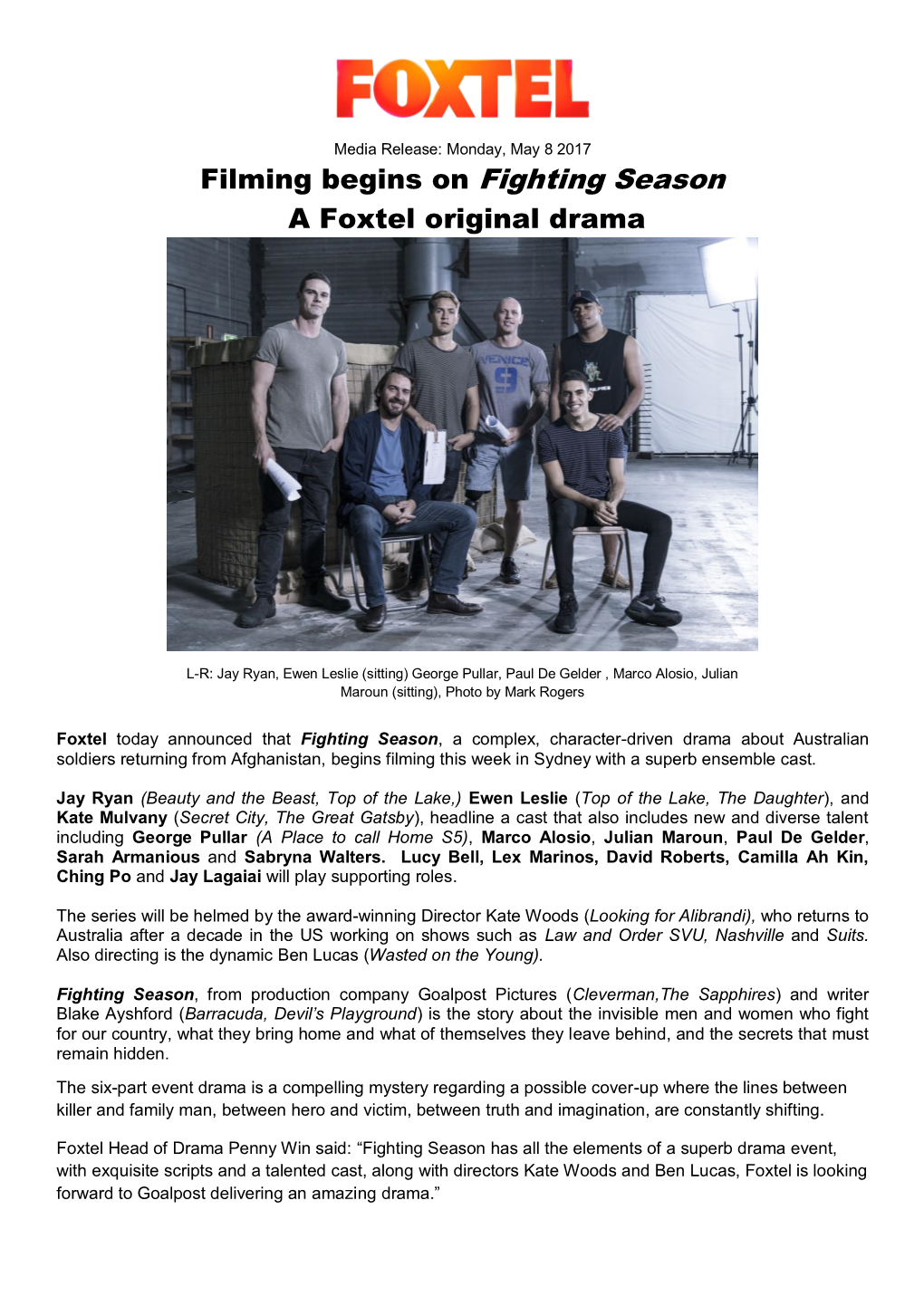 Filming Begins on Fighting Season a Foxtel Original Drama