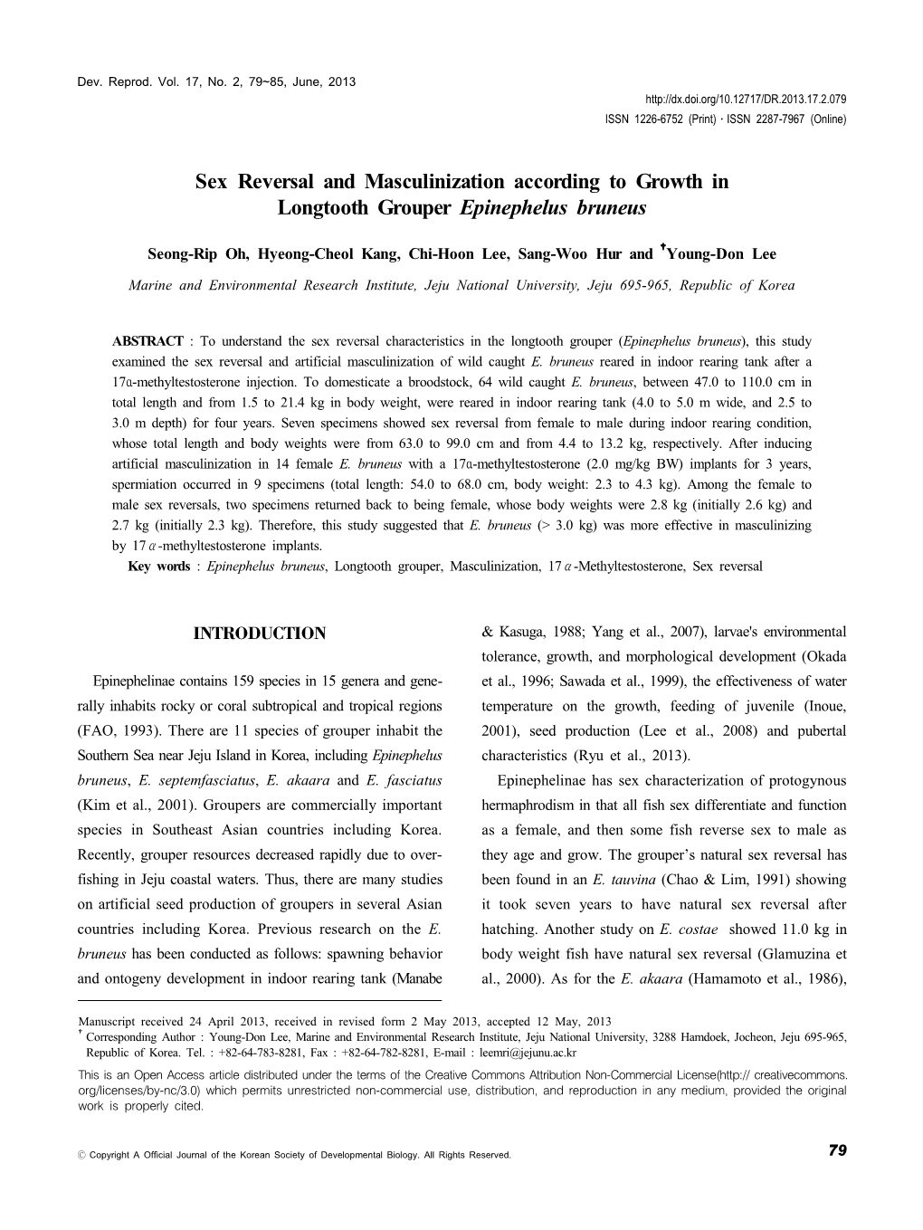 Sex Reversal and Masculinization According to Growth in Longtooth Grouper Epinephelus Bruneus