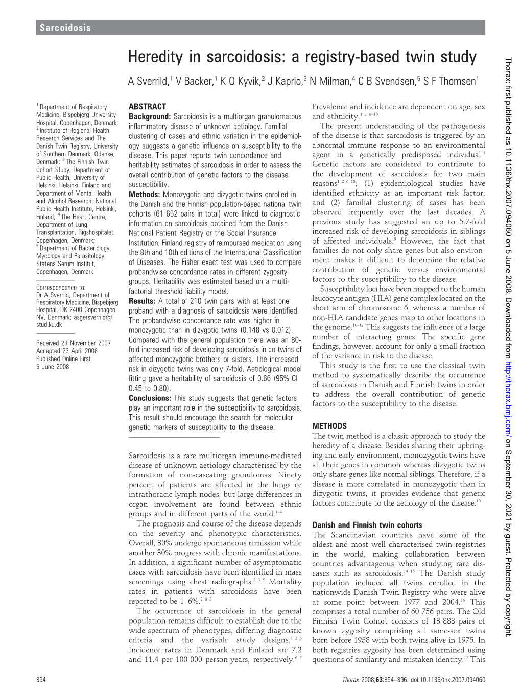 Heredity in Sarcoidosis: a Registry-Based Twin Study Thorax: First Published As 10.1136/Thx.2007.094060 on 5 June 2008