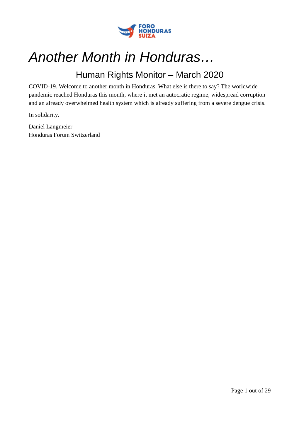 Another Month in Honduras… Human Rights Monitor – March 2020 COVID-19..Welcome to Another Month in Honduras
