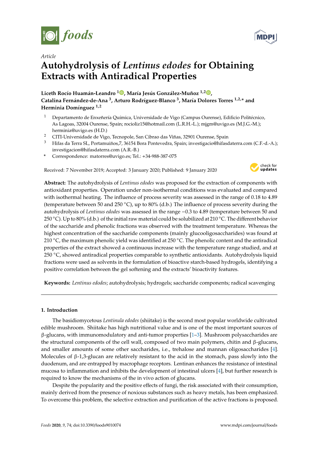 Autohydrolysis of Lentinus Edodes for Obtaining Extracts with Antiradical Properties