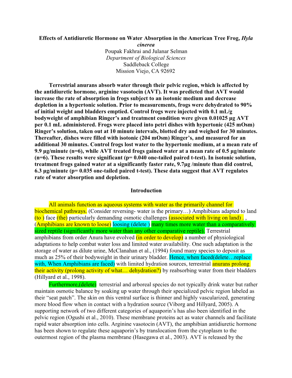 Effects of Antidiuretic Hormone on Water Absorption in the American Tree Frog, Hyla Cinerea