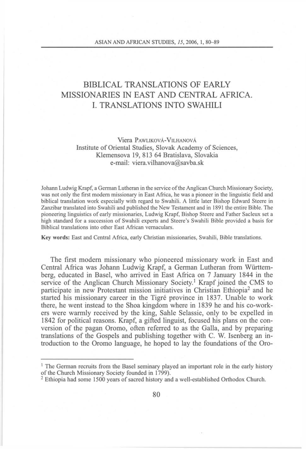 Biblical Translations of Early Missionaries in East and Central Africa. I. Translations Into Swahili