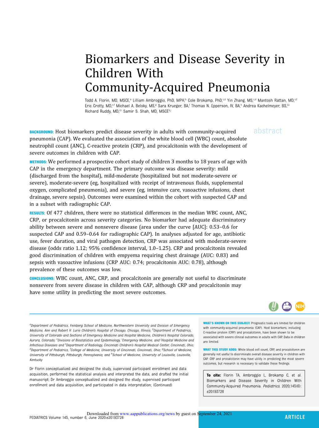 Biomarkers and Disease Severity in Children with Community-Acquired Pneumonia Todd A
