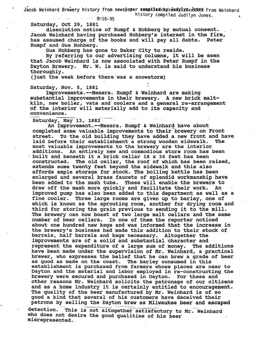 Jacob Weinhard Brewery History from Newspaper 1Sm,Xiemx11xnw~X}Xax~RA~R from Weinhard Saturday, Oct 29, 1881 History Compiled