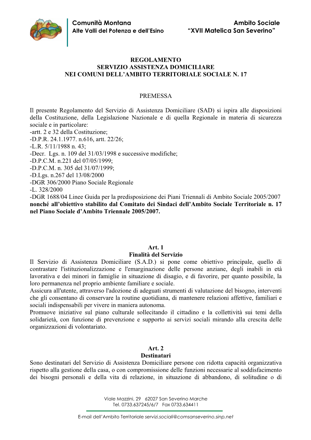 “XVII Matelica San Severino” REGOLAMENTO SERVIZIO