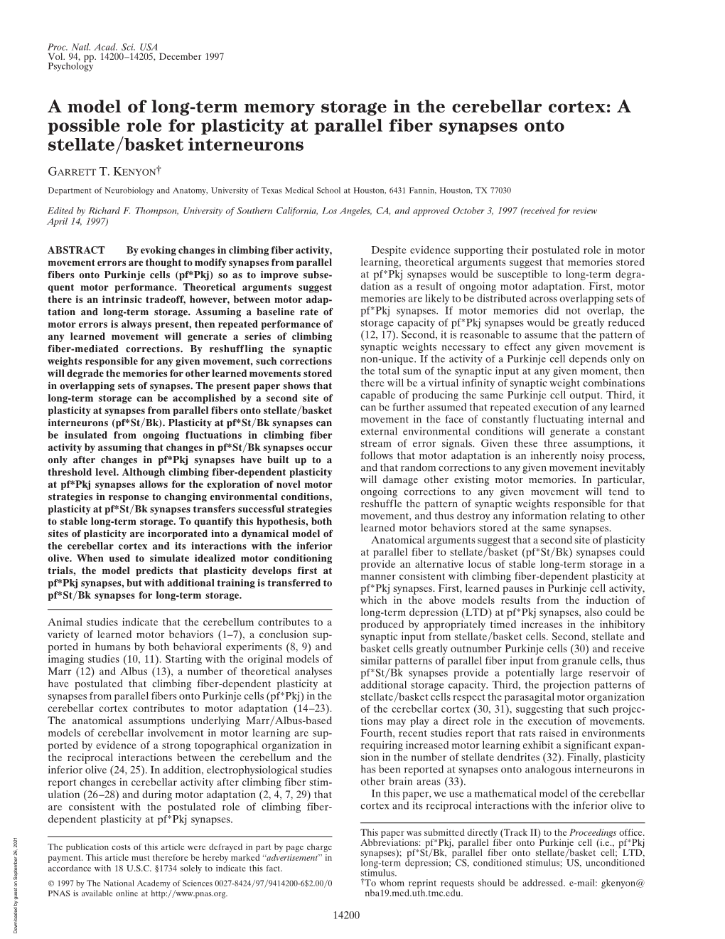 A Model of Long-Term Memory Storage in the Cerebellar Cortex: a Possible Role for Plasticity at Parallel Fiber Synapses Onto Stellate͞basket Interneurons