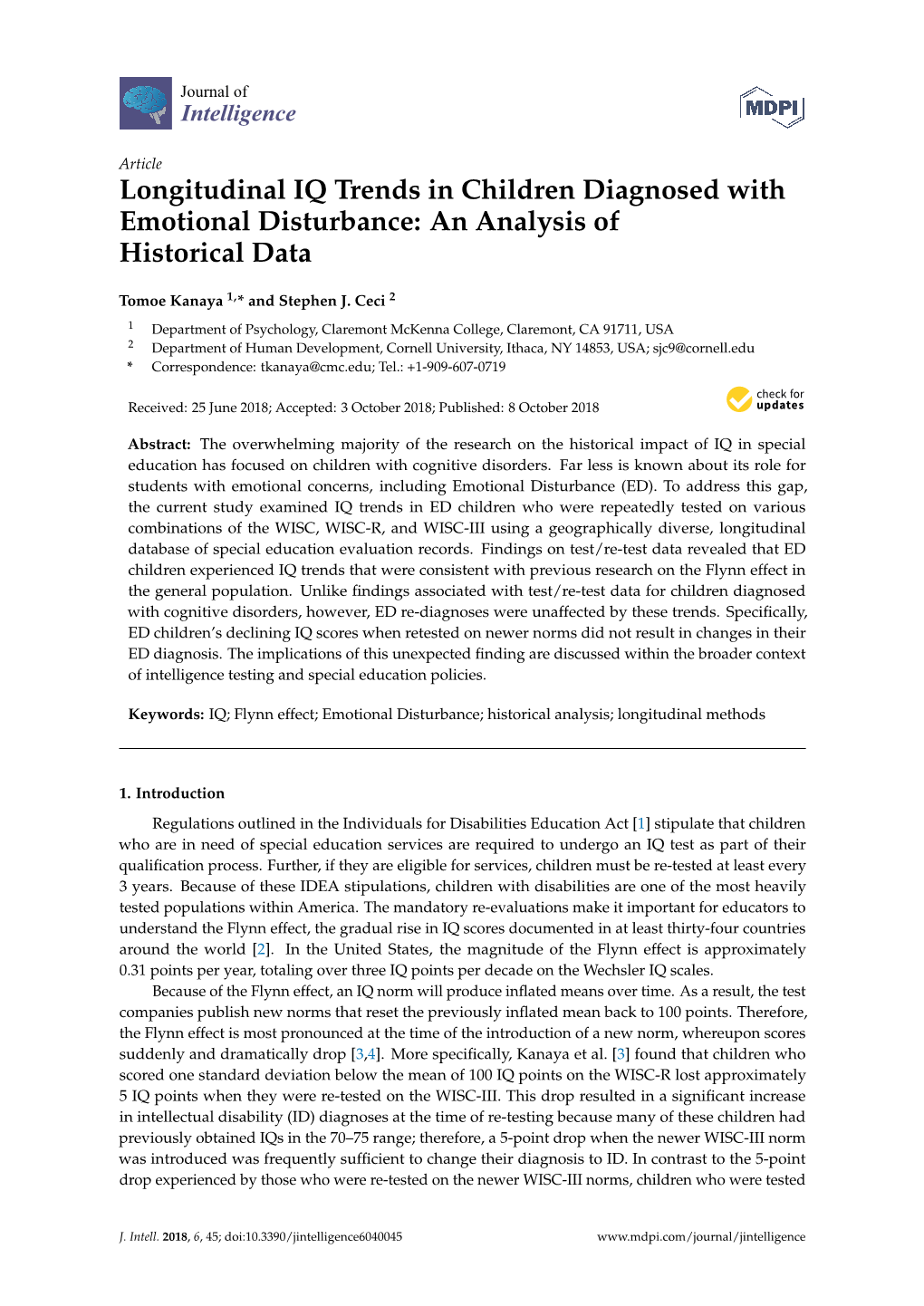 Longitudinal IQ Trends in Children Diagnosed with Emotional Disturbance: an Analysis of Historical Data