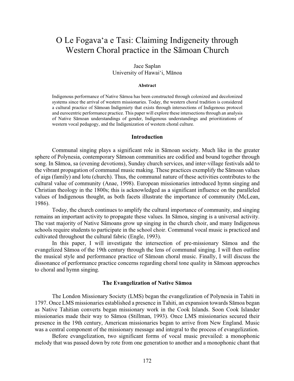 O Le Fogavaʻa E Tasi: Claiming Indigeneity Through Western Choral Practice in the Sāmoan Church