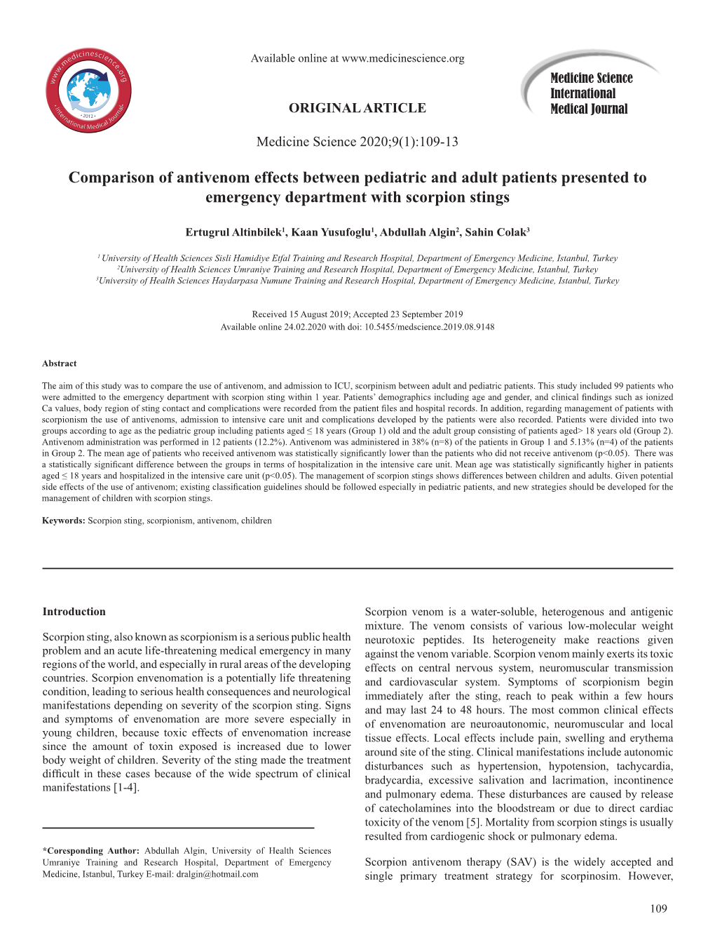 Comparison of Antivenom Effects Between Pediatric and Adult Patients Presented to Emergency Department with Scorpion Stings