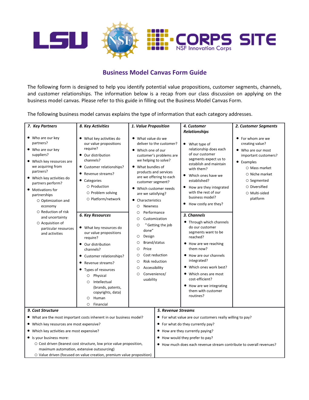 Business Model Canvas Form Guide