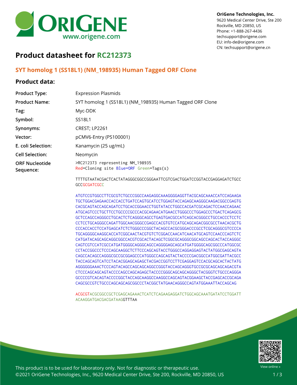 (SS18L1) (NM 198935) Human Tagged ORF Clone Product Data