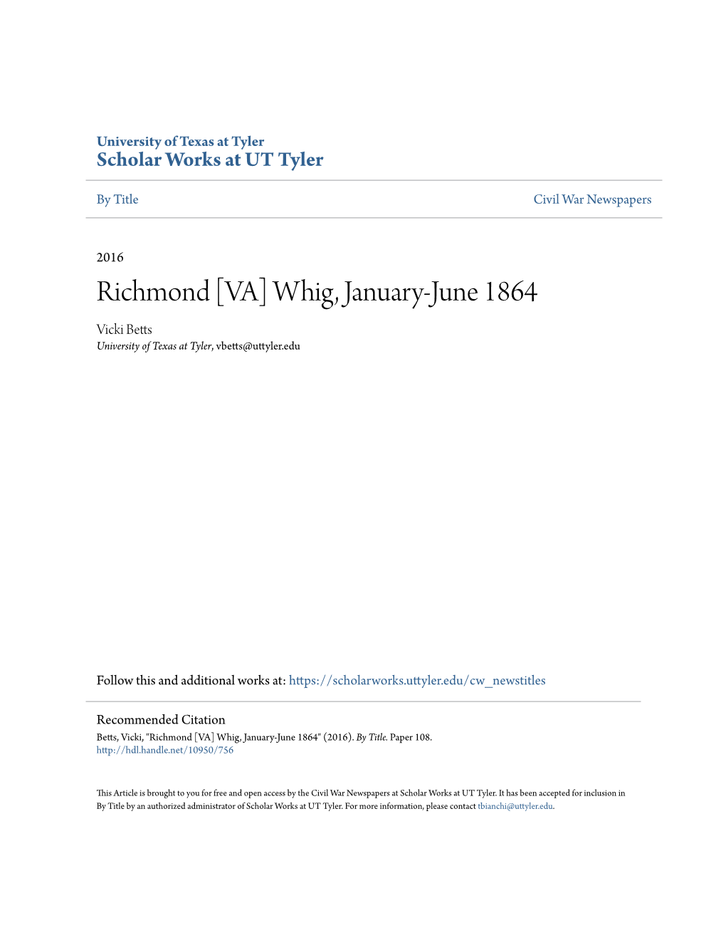 Richmond [VA] Whig, January-June 1864 Vicki Betts University of Texas at Tyler, Vbetts@Uttyler.Edu