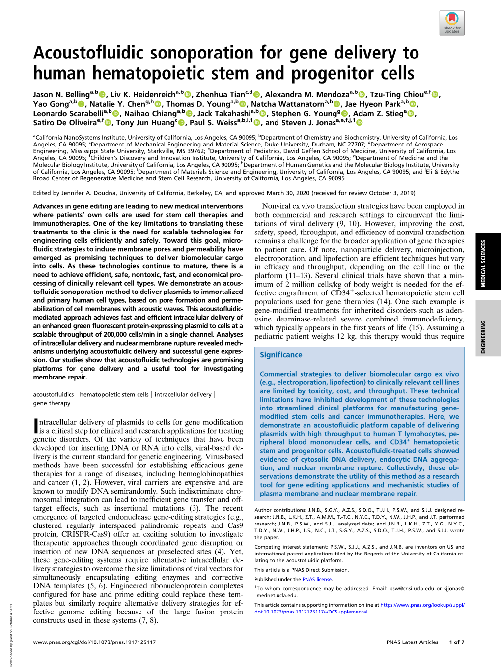 Acoustofluidic Sonoporation for Gene Delivery to Human Hematopoietic Stem and Progenitor Cells