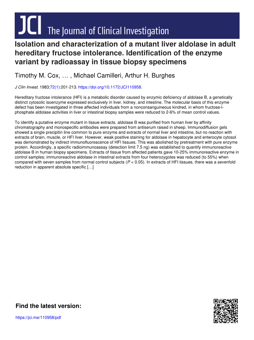 Isolation and Characterization of a Mutant Liver Aldolase in Adult Hereditary Fructose Intolerance