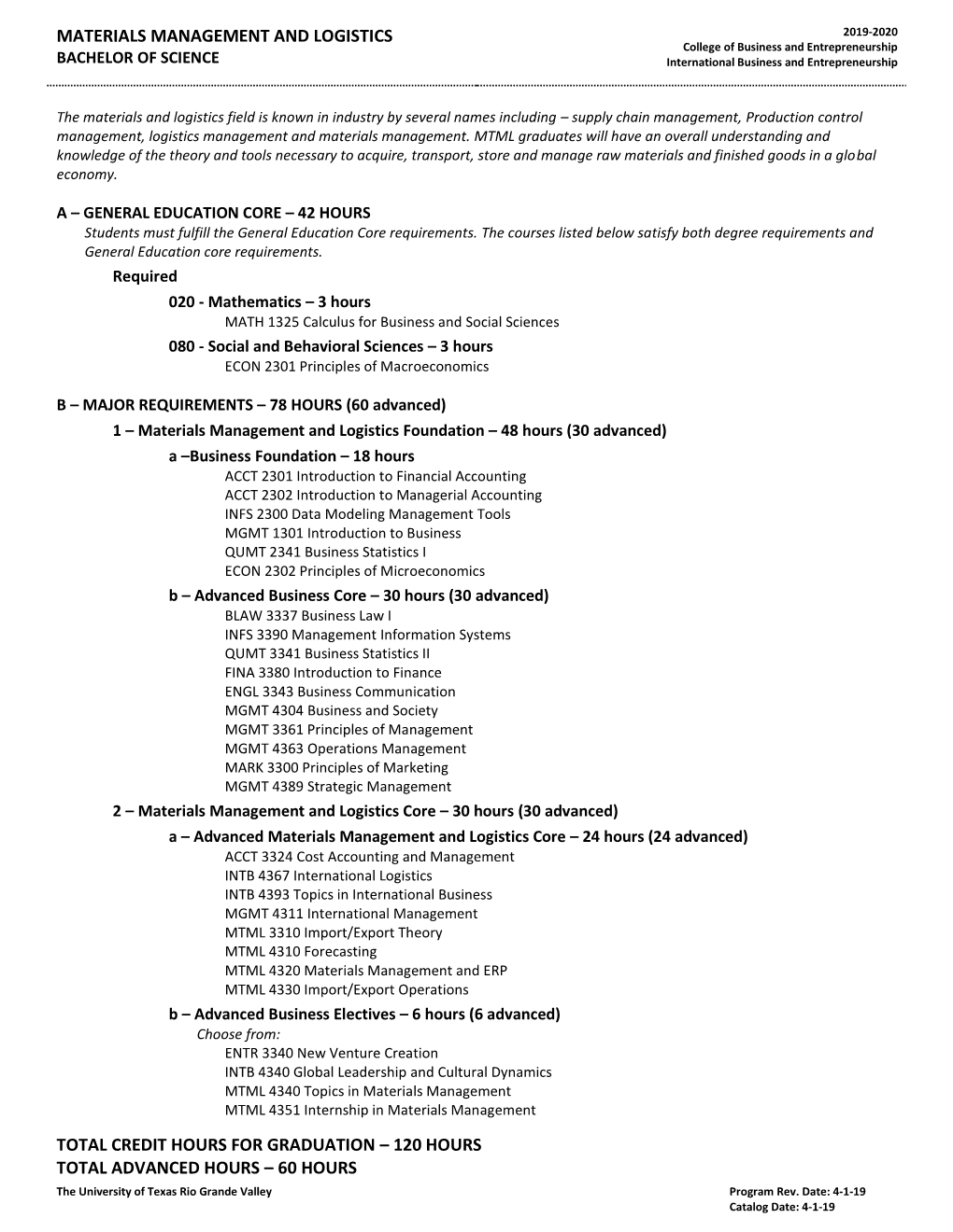 MATERIALS MANAGEMENT and LOGISTICS 2019-2020 College of Business and Entrepreneurship BACHELOR of SCIENCE International Business and Entrepreneurship