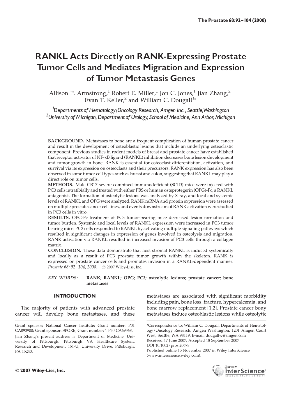 RANKL Acts Directly on RANK-Expressing Prostate Tumor Cells and Mediates Migration and Expression of Tumor Metastasis Genes