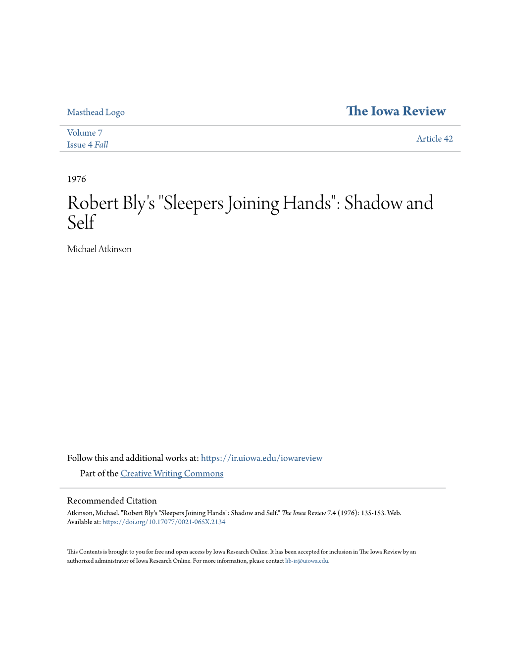 Robert Bly's "Sleepers Joining Hands": Shadow and Self Michael Atkinson