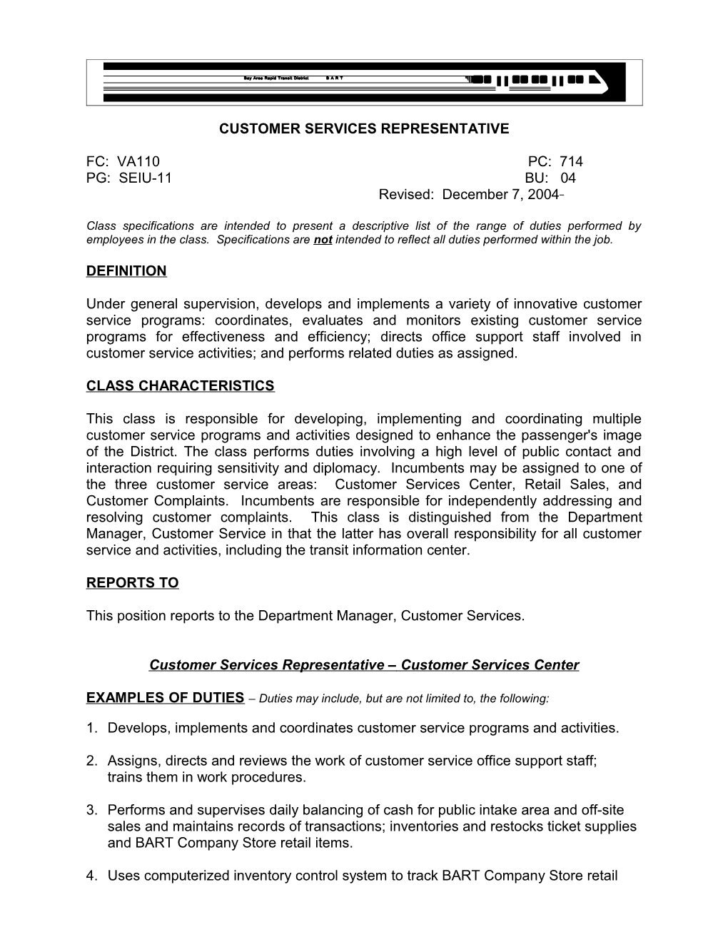 Customer Services Representative