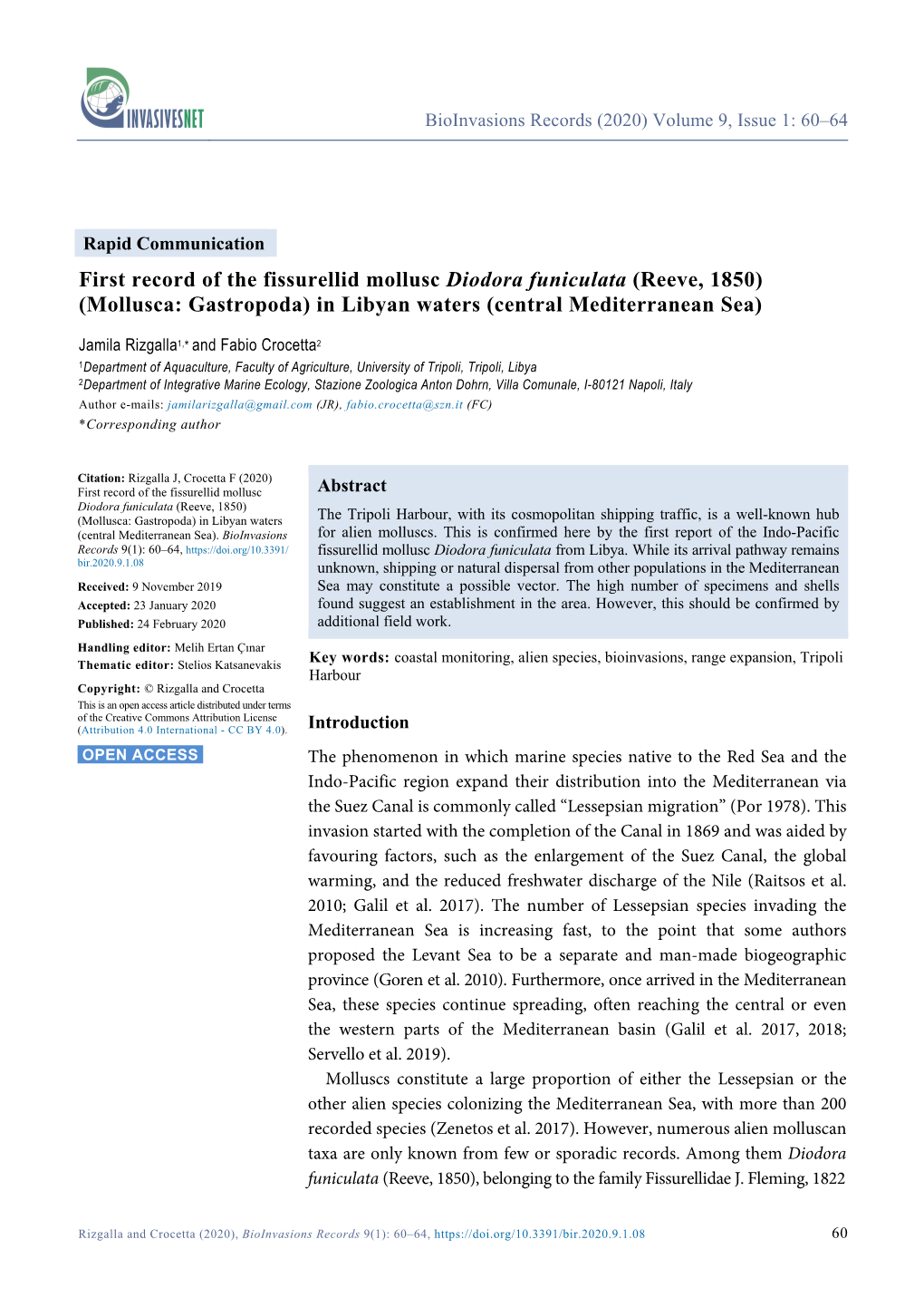 First Record of the Fissurellid Mollusc Diodora Funiculata (Reeve, 1850) (Mollusca: Gastropoda) in Libyan Waters (Central Mediterranean Sea)