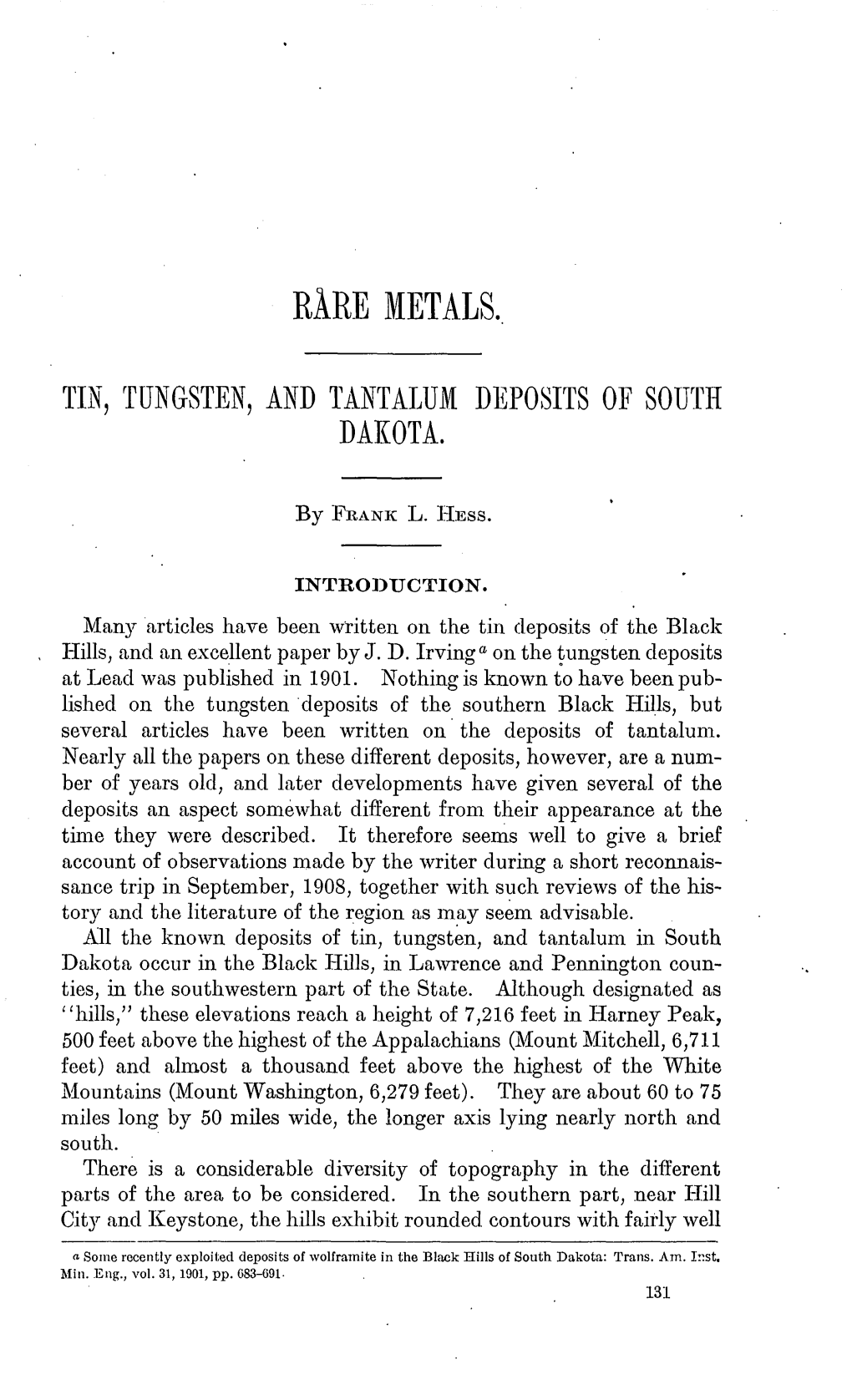 Tin, Tungsten, and Tantalum Deposits of South Dakota