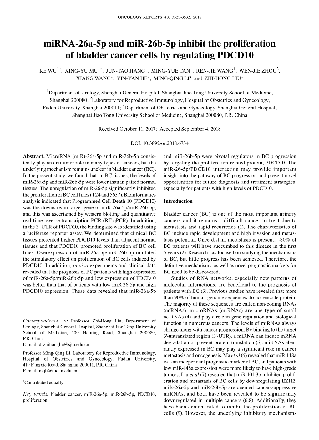 Mirna‑26A‑5P and Mir‑26B‑5P Inhibit the Proliferation of Bladder Cancer Cells by Regulating PDCD10