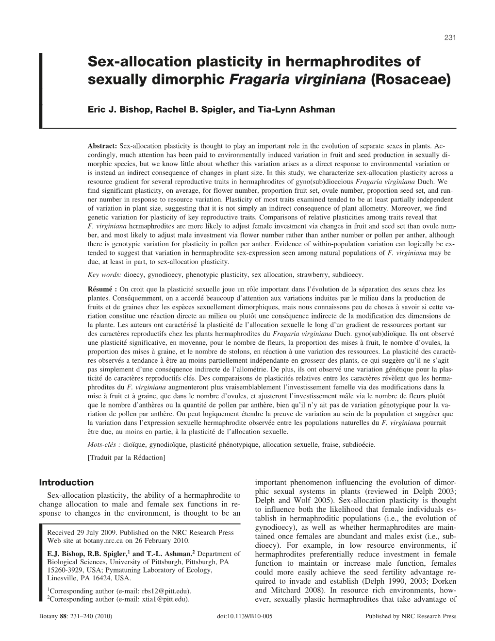 Sex-Allocation Plasticity in Hermaphrodites of Sexually Dimorphic Fragaria Virginiana (Rosaceae)