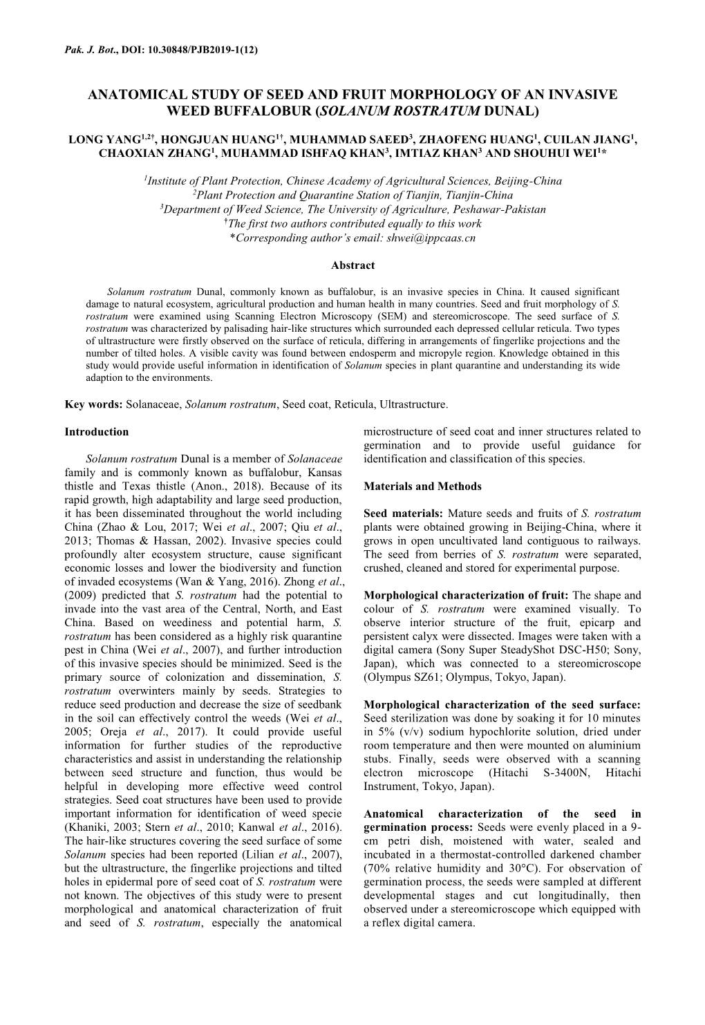 Anatomical Study of Seed and Fruit Morphology of an Invasive Weed Buffalobur (Solanum Rostratum Dunal)