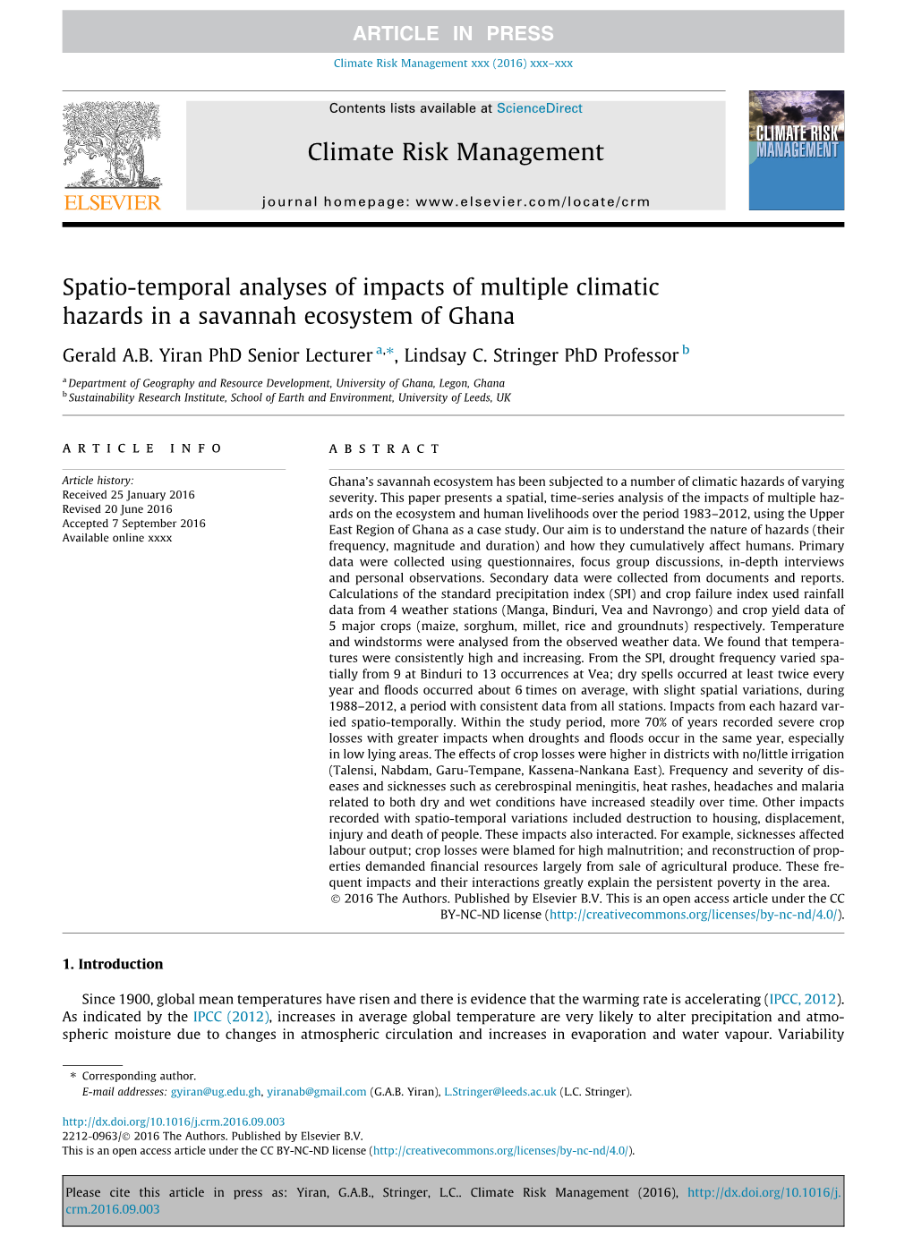 Spatio-Temporal Analyses of Impacts of Multiple Climatic Hazards in a Savannah Ecosystem of Ghana ⇑ Gerald A.B