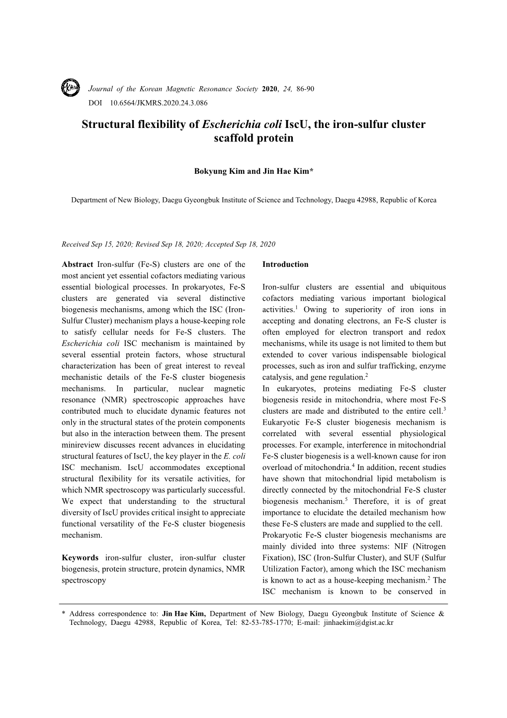 Structural Flexibility of Escherichia Coli Iscu, the Iron-Sulfur Cluster Scaffold Protein