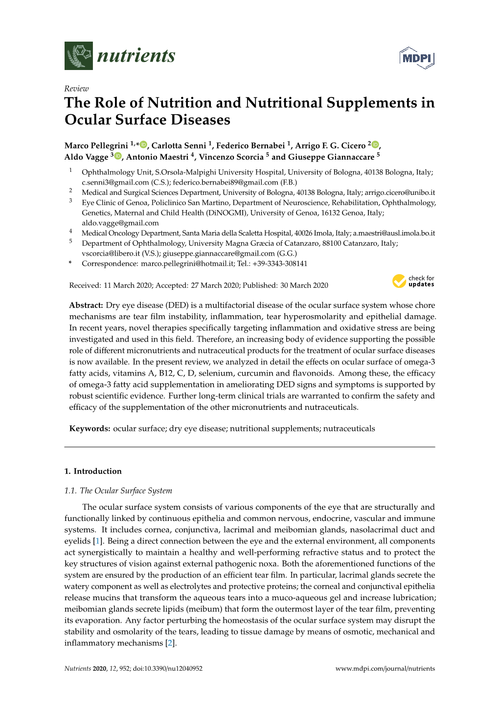 The Role of Nutrition and Nutritional Supplements in Ocular Surface Diseases