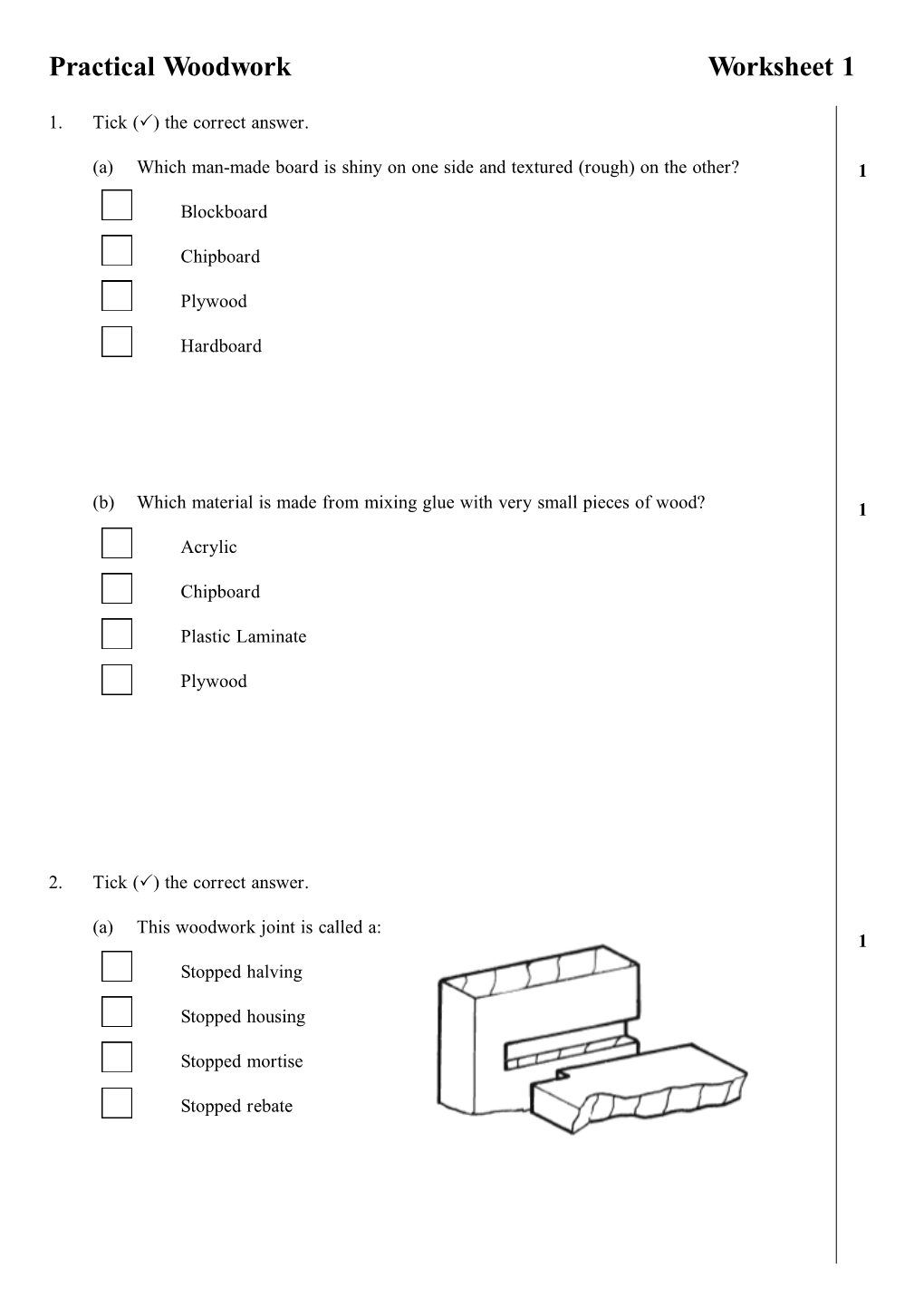 Practical Woodwork Worksheet 1