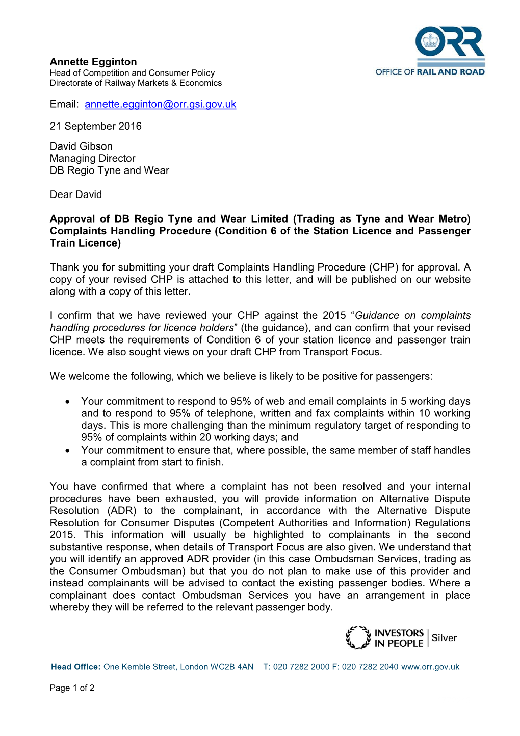 Approval of Tyne and Wear Metro CHP Letter