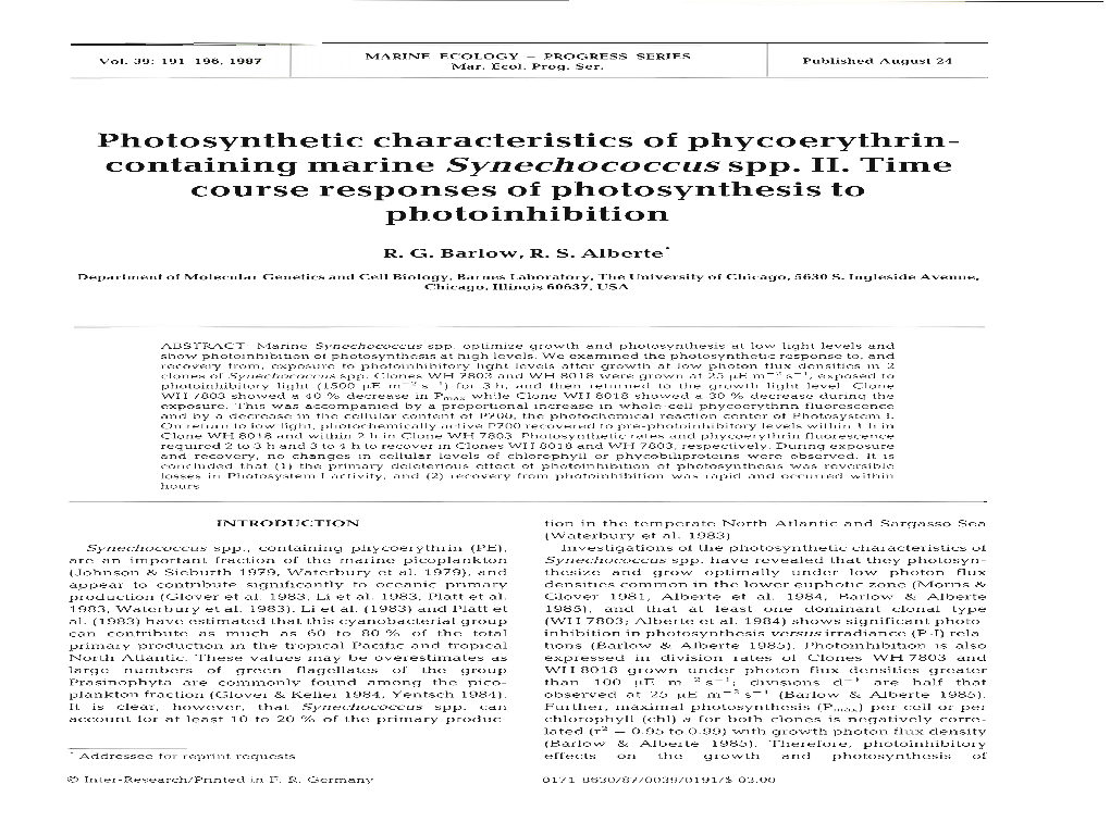 Photosynthetic Characteristics of Phycoerythrin- Containing Marine Synechococcus Spp