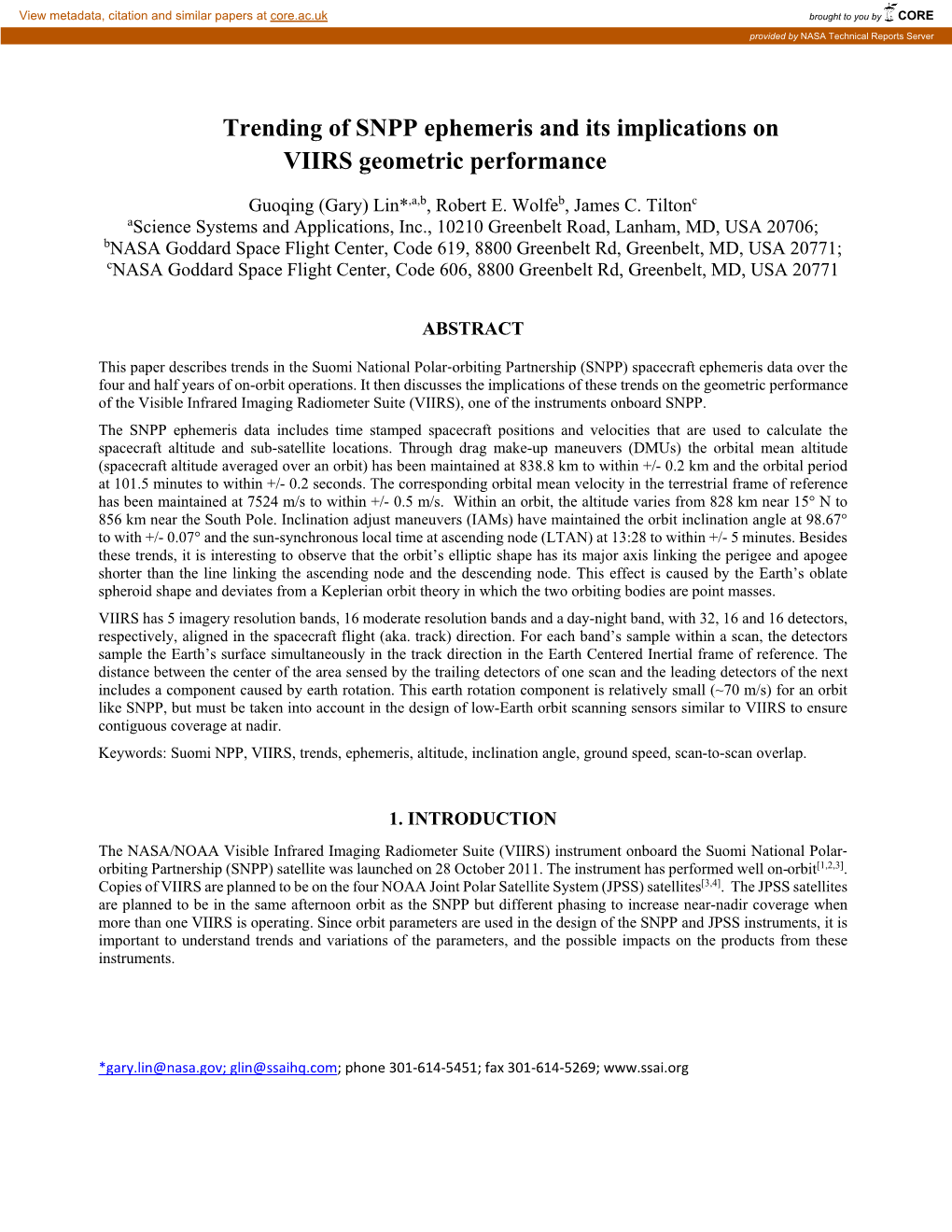 Trending of SNPP Ephemeris and Its Implications on VIIRS Geometric Performance