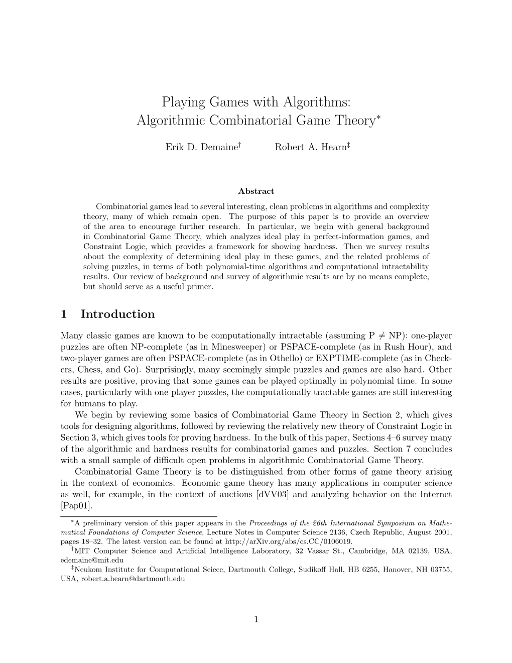 Algorithmic Combinatorial Game Theory∗